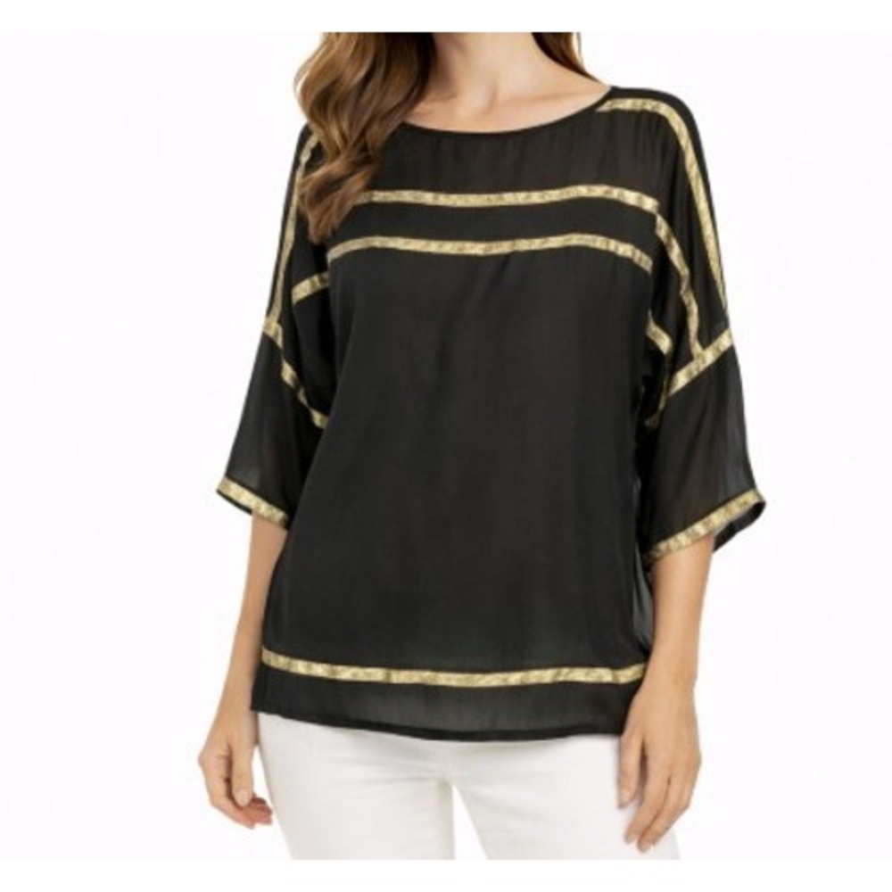 Diane Von Furstenberg DVF Silk Sheer Blouse Black Gold Stripe Dolman Sleeve Sz 2